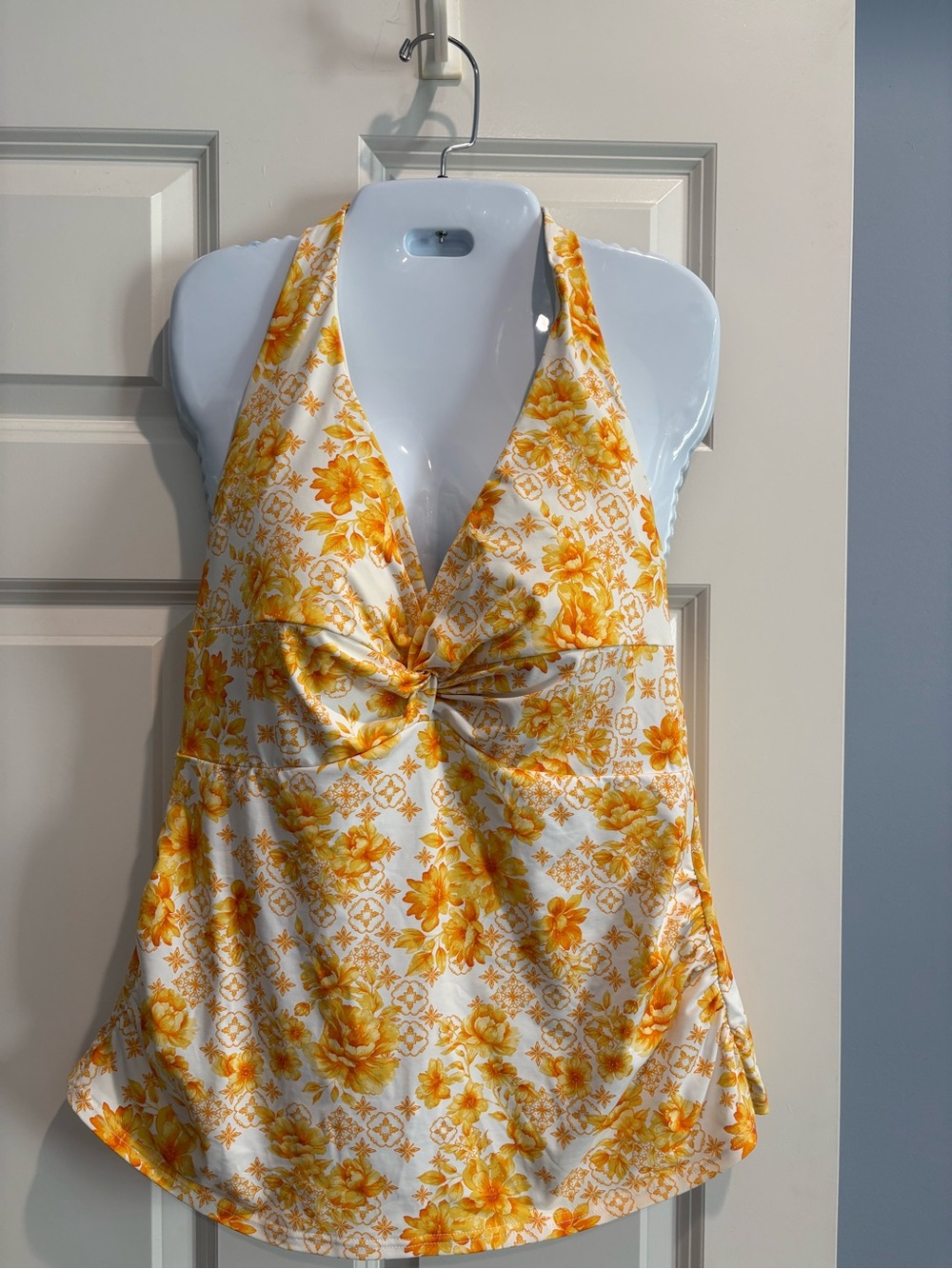 Lands' End Yellow Floral Halter Bathing Suit Top with Soft Cup Bra